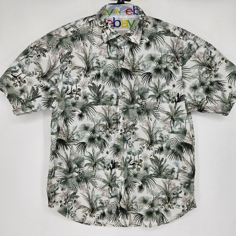 Tommy Bahama Shirt Mens Large Hawaiian Short Sleeve Crinkle Palm Trees Button Up
